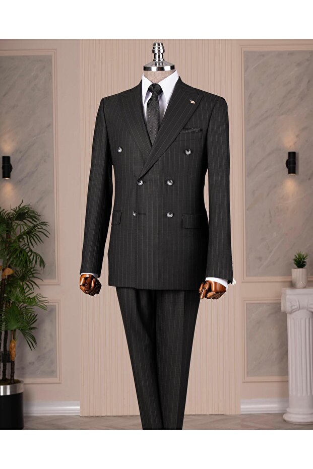 Italian Style 8 Drop K Double-Breasted Striped Jacket Pants Suit Black T14595