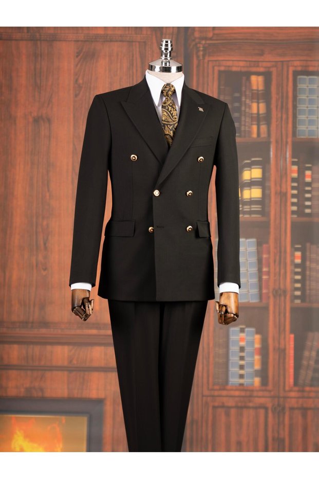Italian Style S Slim Fit K Double-Breasted Jacket Pants Suit Black T14865