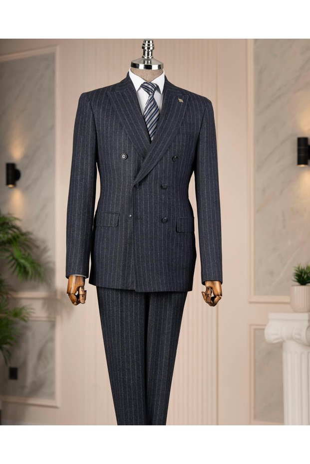 Italian Style S Slim Fit K Double-Breasted Jacket Pants Suit Navy Blue T14767
