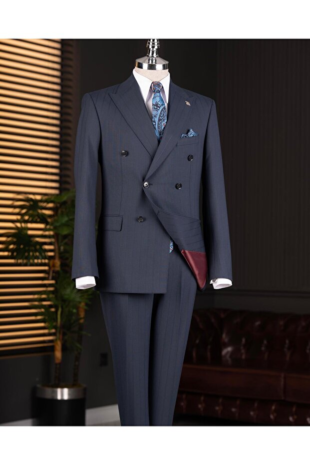 Italian Style K Double-Breasted Jacket Pants Suit Navy Blue T14021