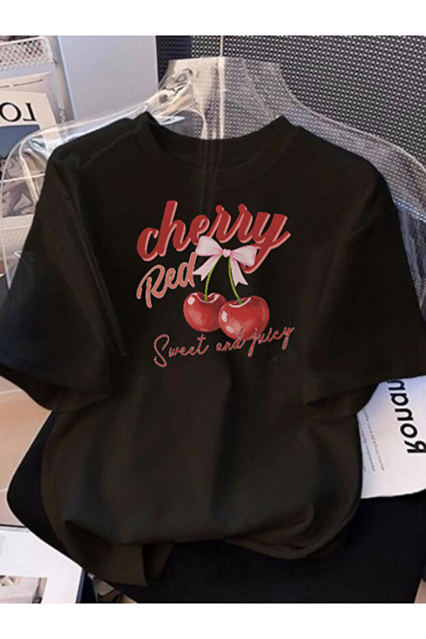 Unisex Cherry Special Printed Basic Crew Neck Regular T-Shirt 100% Cotton