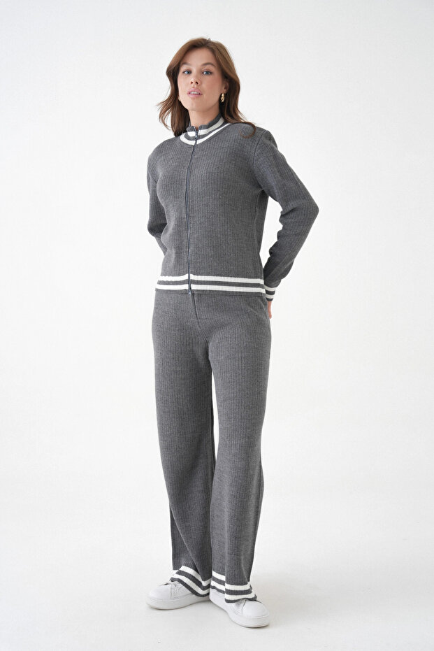 Women's Mock Neck Zipper Closure Striped Ribbed Knit Jacket Pants Double Knitwear Set