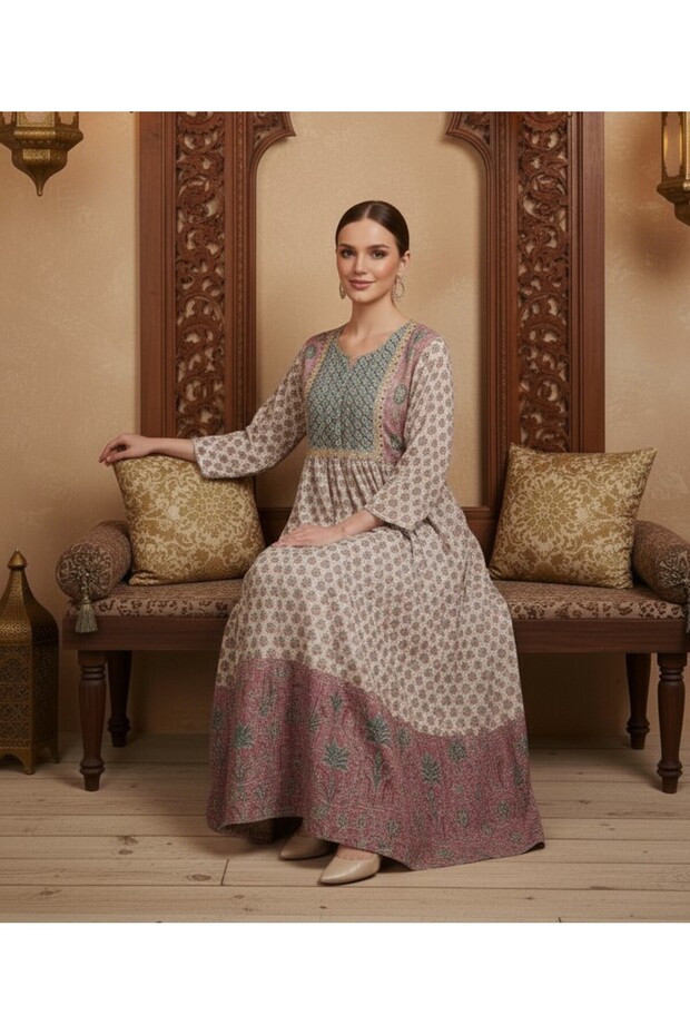 Haq al laila All Over Floral Printed Jalabiya with embroidery on yoke