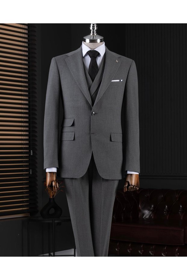 Italian Style S Slim Fit Mono Collar Jacket Vest Pants Suit Gray T14753