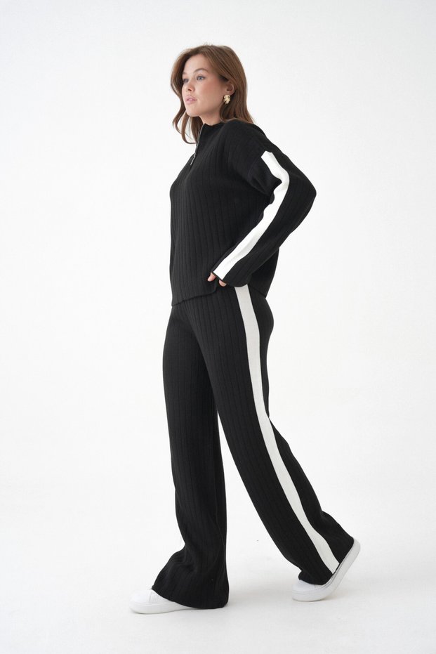 Women's Mock Neck Half Zipper Knit Detail Sweater Pants Double Knitwear Set