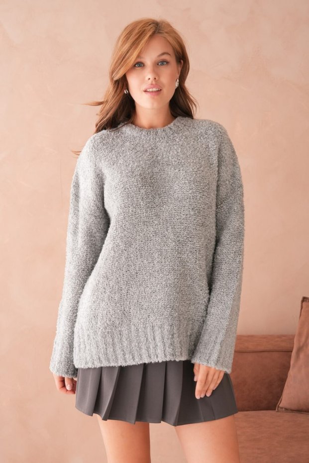 Oversized Soft Textured Crew Neck Knitwear Sweater Aw25Kz0085