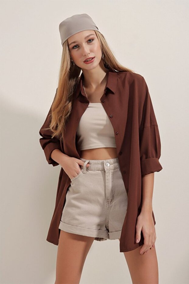 3900 Oversize Long Basic Shirt - Brown - 3