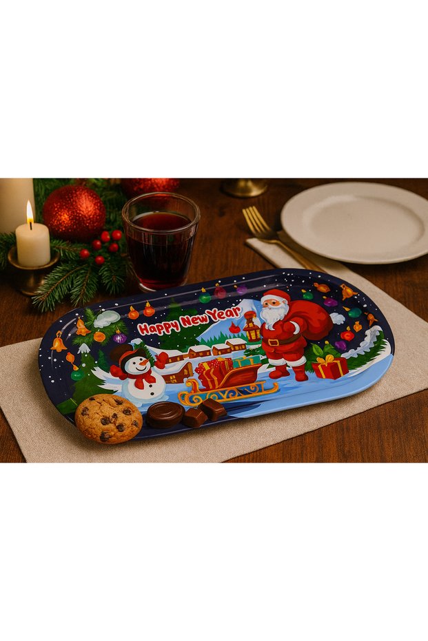 Christmas Themed Metal Serving Tray, Santa Claus, Snowman and Gift Sleigh Presentation Tray 35X15 cm