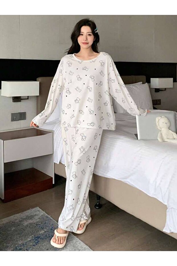 Women's Long Sleeve Single Jersey Combed Cotton Pajama Set White Mini Bear Printed Pony