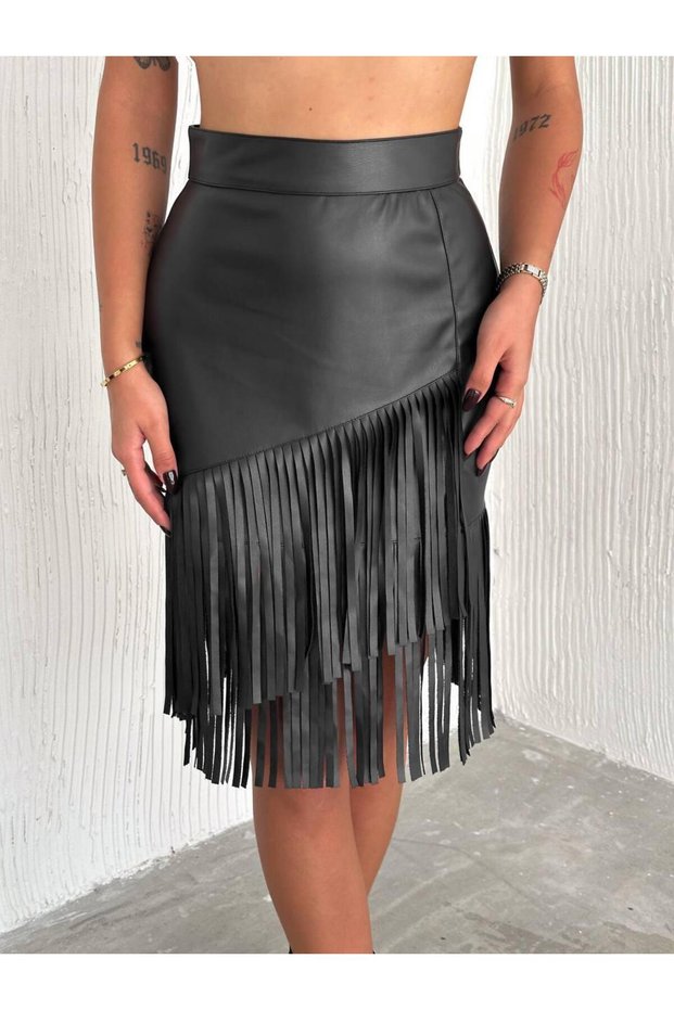 Style Asymmetrical Knee Length Tassels Back Zipper Inside Fleece-Lined High Waist Faux Leather Skirt