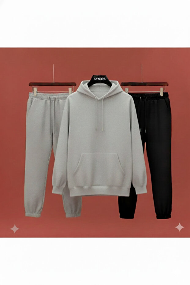 Gray Hooded Sweatshirt - Gray Sweatpants and Black Sweatpants (3-Piece Set)