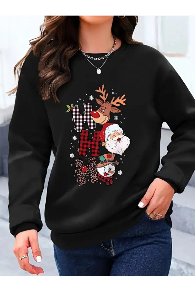Women's Black Ho Ho Ho Christmas Printed Crew Neck Oversized Sweatshirt