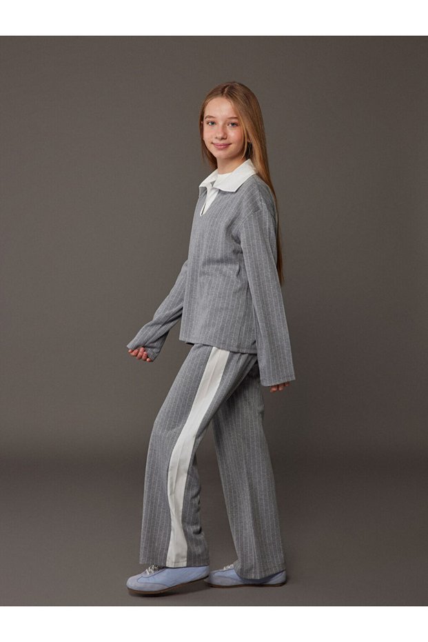 Lcw Kids Gray Polo Neck Striped Girls' Sweatshirt and Leggings