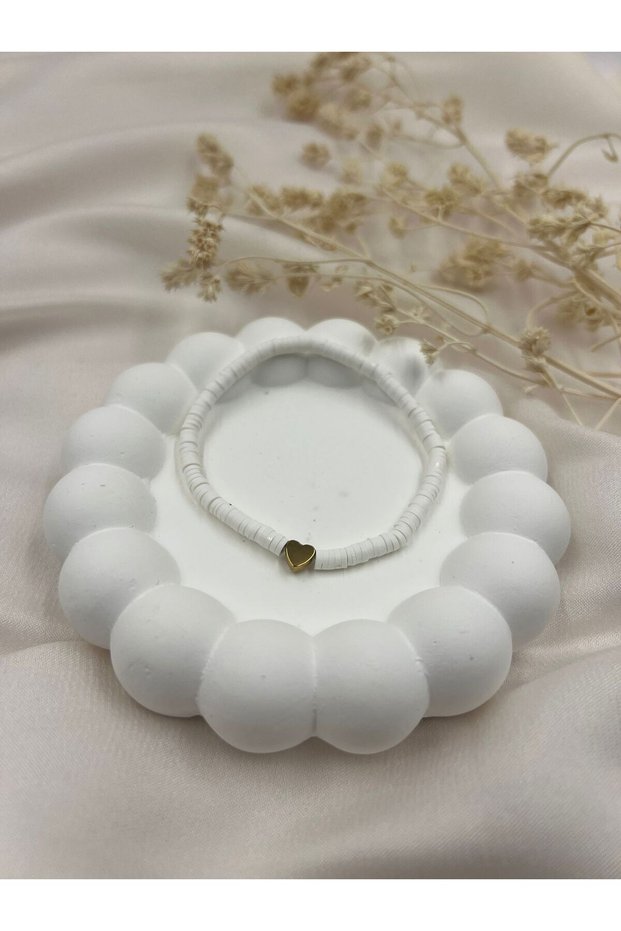 White Heishi Miyuki Beaded Heart Detailed Women's Bracelet – Minimal Chic Elastic Summer Accessory