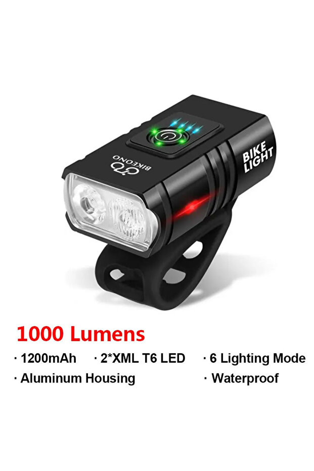 مصباح أمامي للدراجة BK02 T6 LED بقوة 1000 لومن، قابل لإعادة الشحن عبر منفذ USB، مصنوع من البلاستيك، مناسب للقيادة في ظروف الإضاءة العالية والمنخفضة.