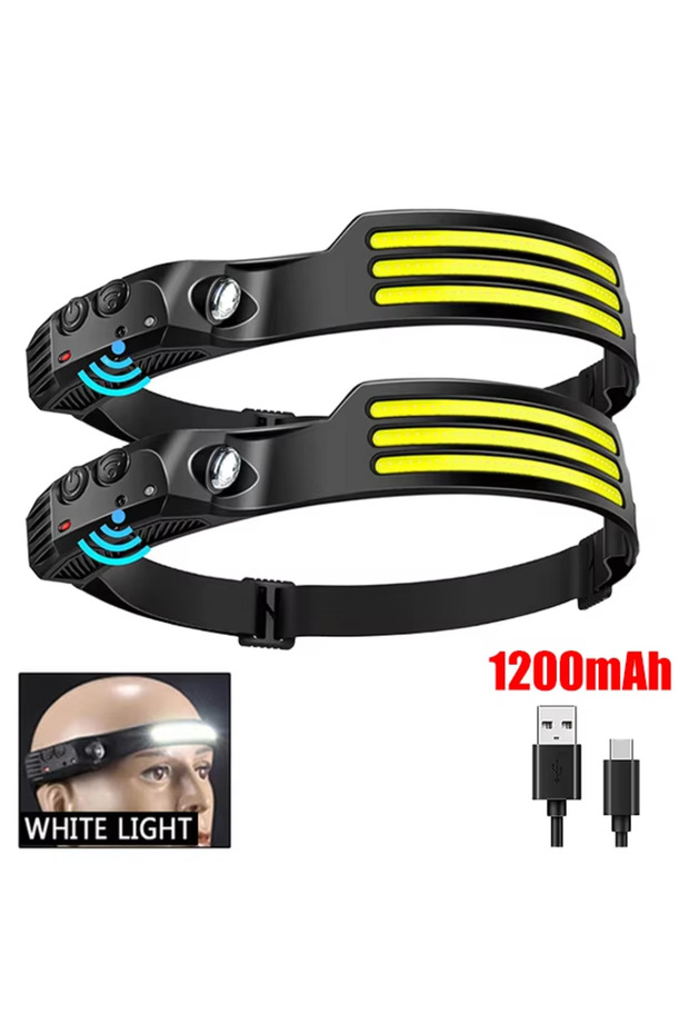 W689-3 (أبيض) قطعتان من 6 أوضاع مصباح أمامي LED تحريض COB مستشعر مصباح أمامي قابل لإعادة الشحن ببطارية مدمجة