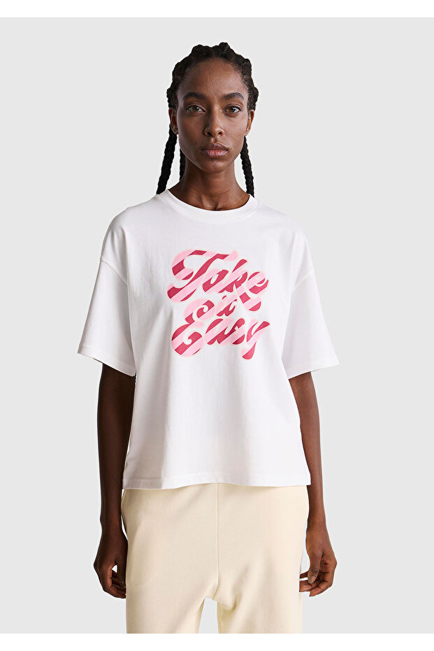Women's White-Pink Text 100% Cotton Front Text Printed Crew Neck T-Shirt