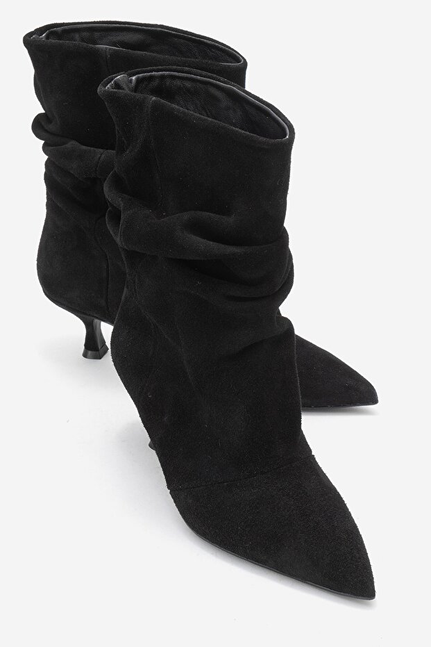 Balei Black Suede Genuine Leather Women's Short Heeled Boots