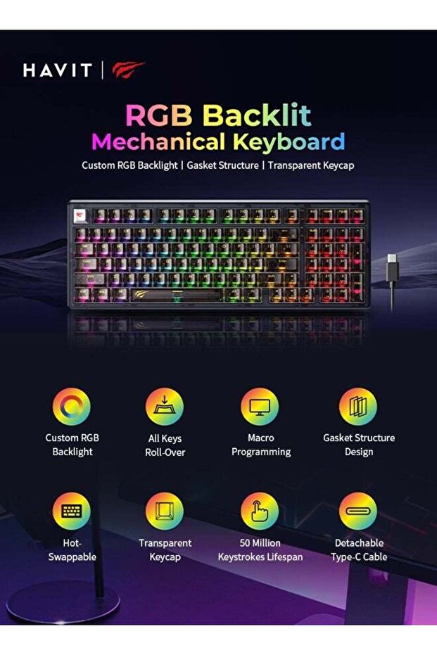 Wired Gaming Keyboard with RGB Backlit LED, Multimedia Keys, Number Pad, 90 Keys, USB, for Desktop - 2