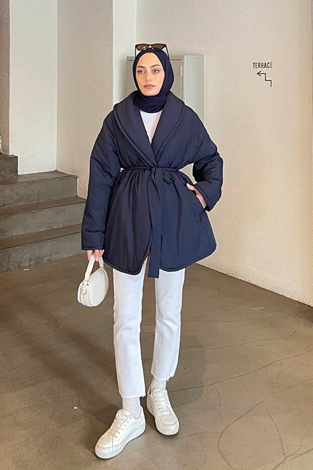 Plain Belted Puffer Jacket Navy Blue