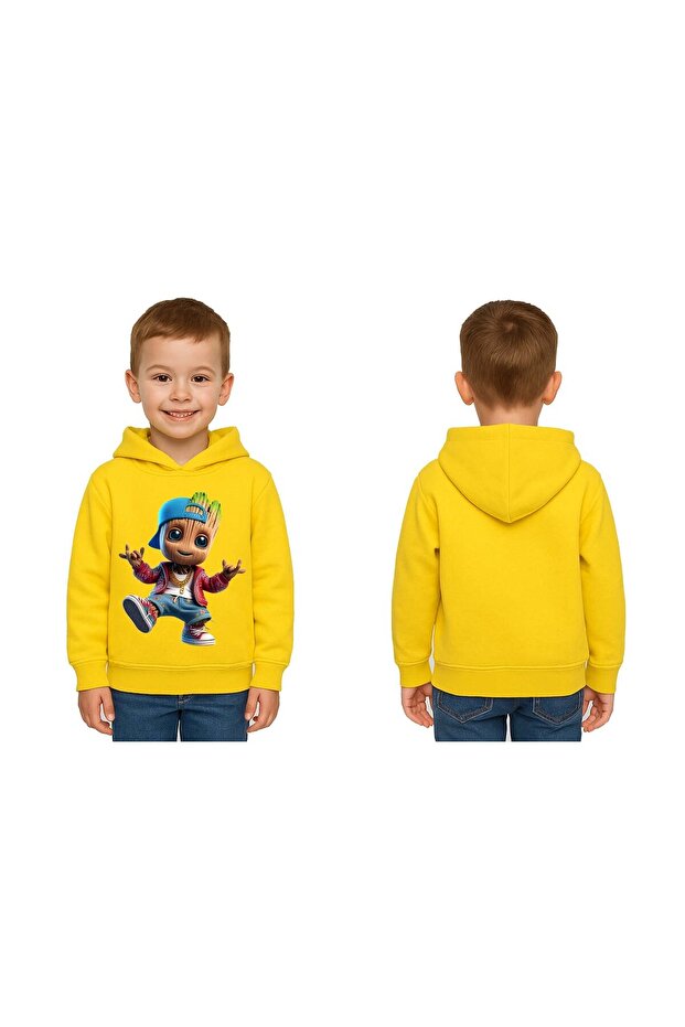 Unisex Groot Printed Children's Swaetshirt Hooded 3 Thread Raster