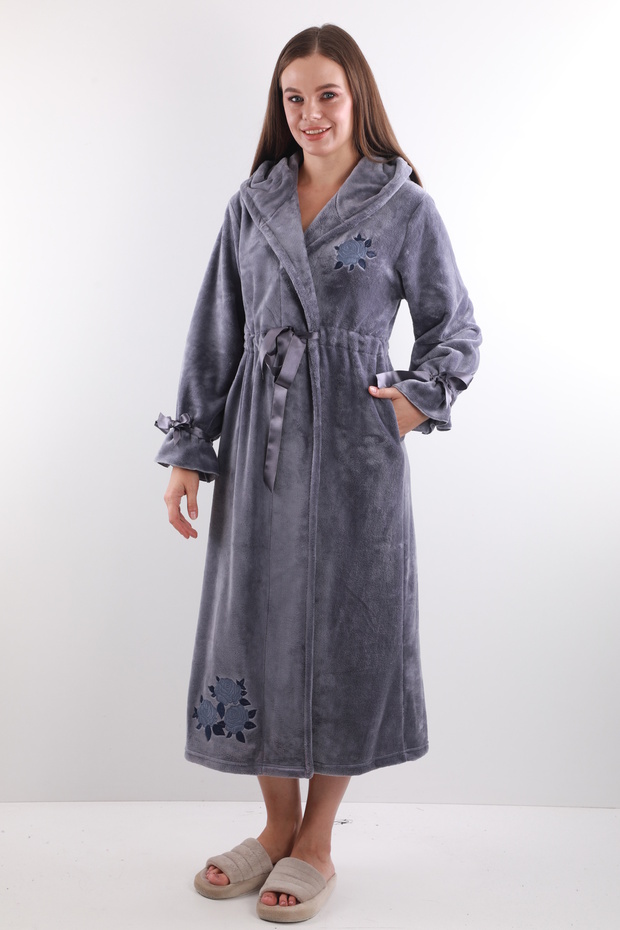 Women's 100% Bamboo Hooded Embroidered Long Dressing Gown – Extra Soft, Belted, with Pockets