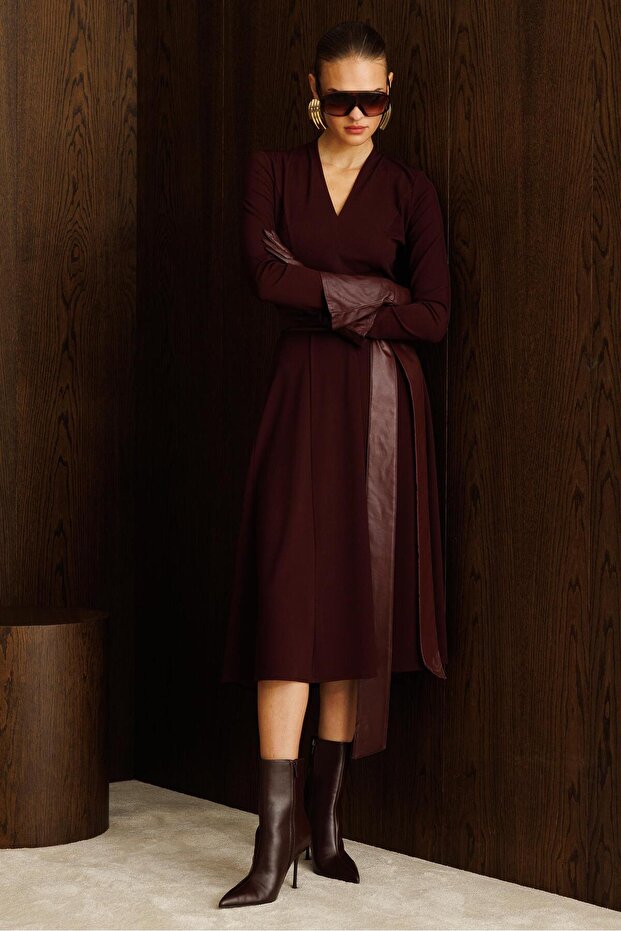 Deri Kuşaklı Örme Elbise BORDO - 5