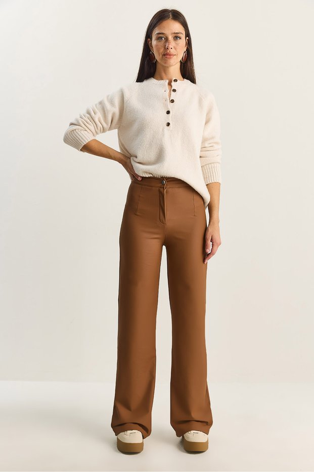 Women's Camel High Waist Matte Faux Leather Palazzo Trousers 2035 60282039