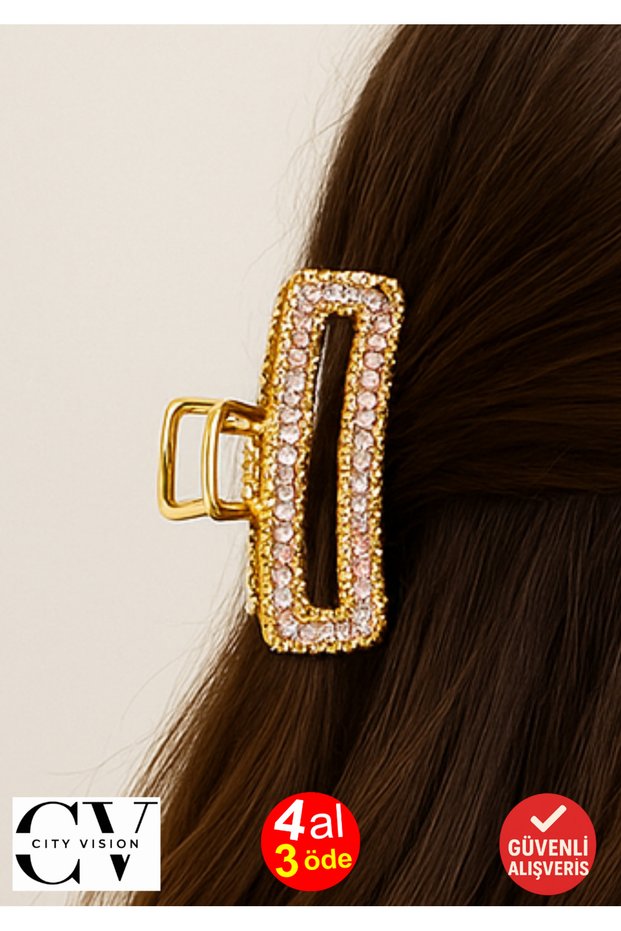 7 cm Stone-Encrusted Elliptical Gold Hair Clip – Sparkling and Elegant Metal Barrette