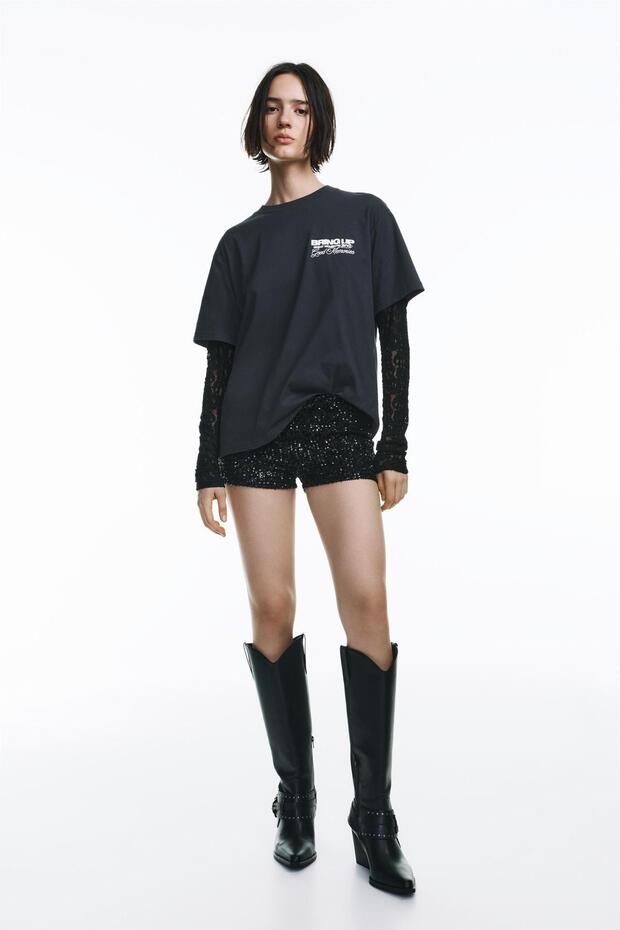 Dantelli çift kollu t-shirt - 3