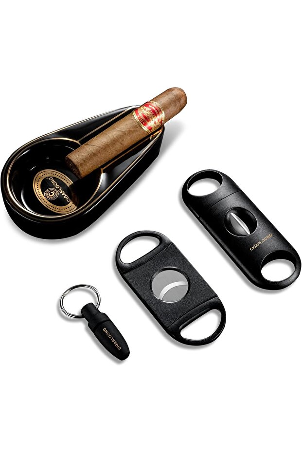 Cigar Ashtray and Cigar Cutter Set, Portable Ceramic Ashtray with Guillotine, V-Cutter an
