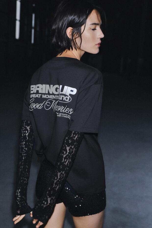 Dantelli çift kollu t-shirt - 1