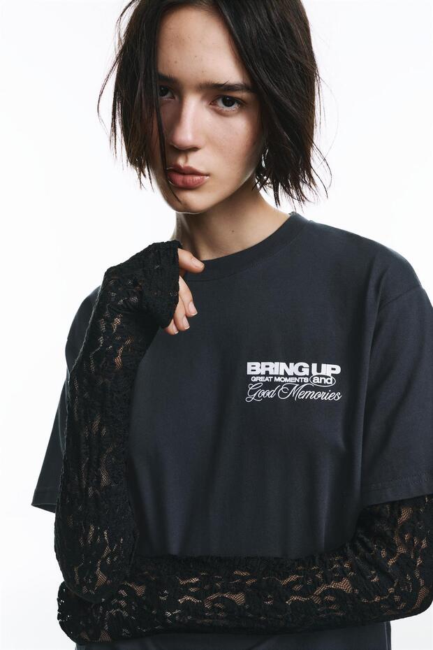 Dantelli çift kollu t-shirt - 2