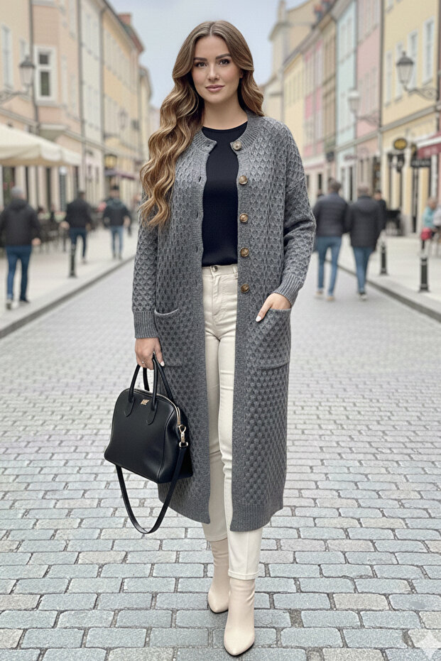 Patterned Long Knit Cardigan with Pockets R4278 Anthracite