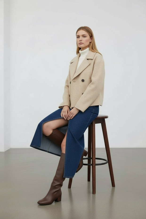 Stone Women's Zigzag Patterned Cashmere Short Coat