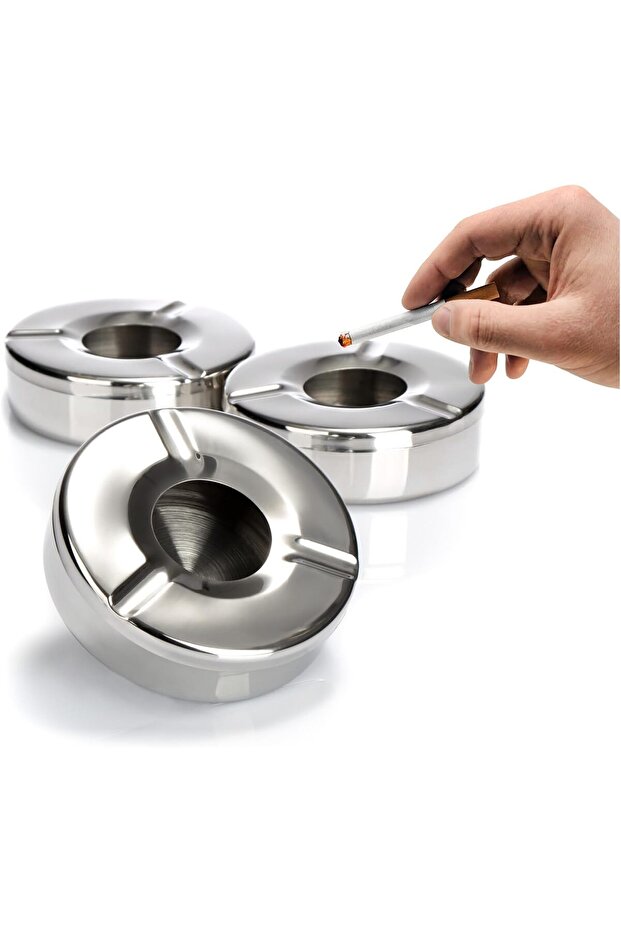 3x Stainless Steel Ashtrays with Removable Windproof Lid - Ø11 cm, 3 Pieces