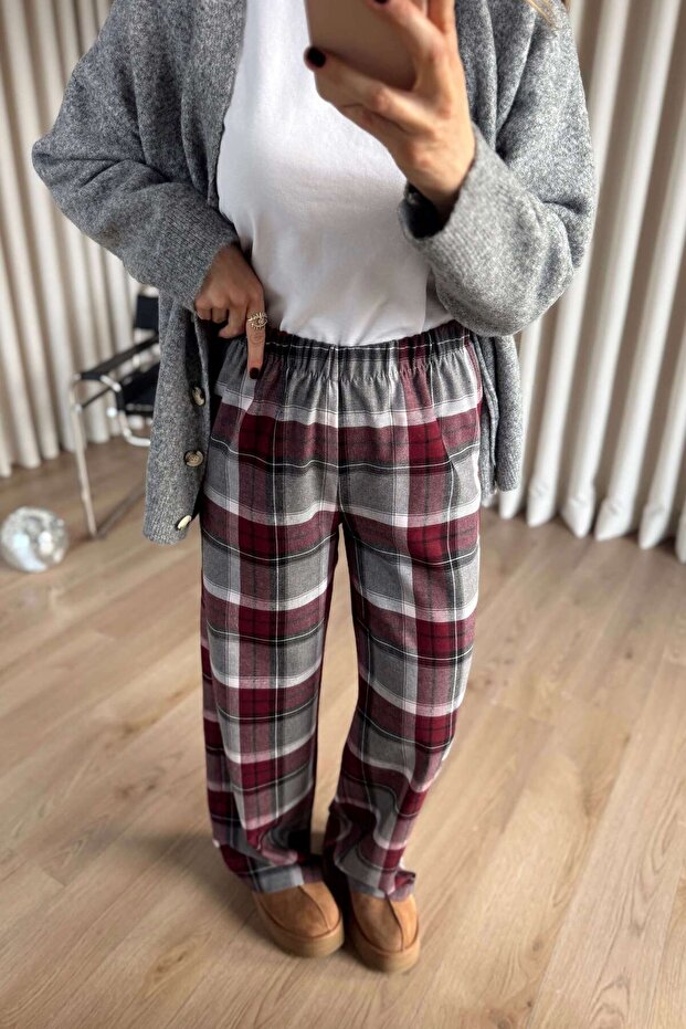 Burgundy Gray Plaid Casual Trousers