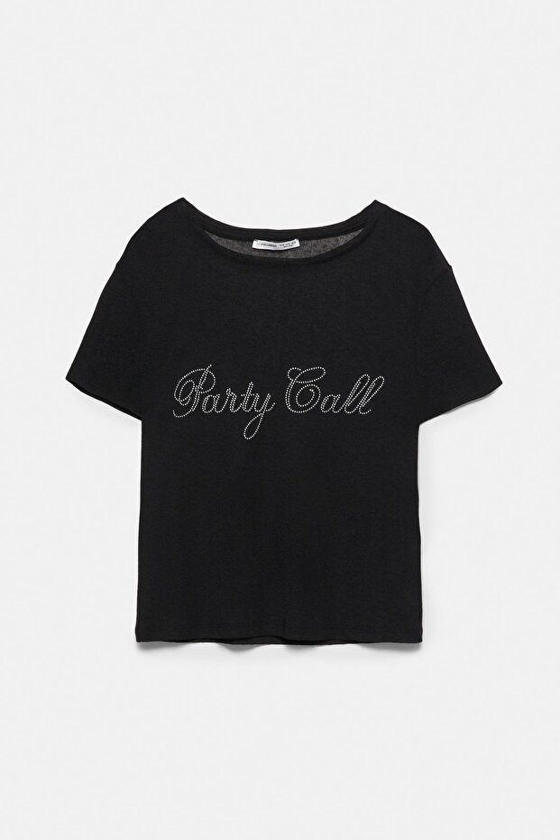 Siyah straslı yazılı t-shirt - 6
