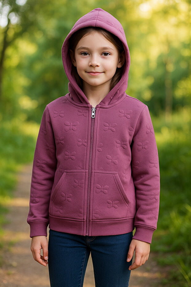 Cmk 207-11-25 Girl's Embossed Butterfly Patterned Zippered Hooded Sweatshirt Ages 3–12
