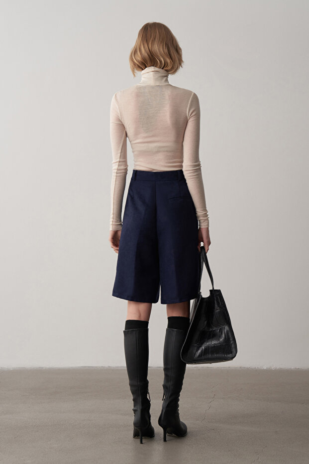 Lacivert Süet Bermuda Şort - 5