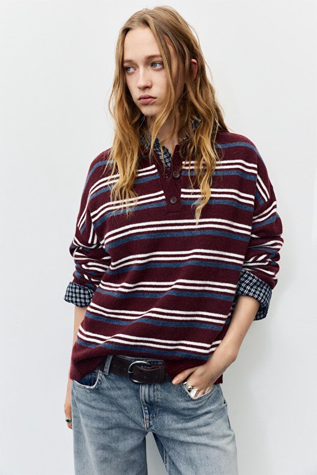 Polo yaka çizgili süveter - 2