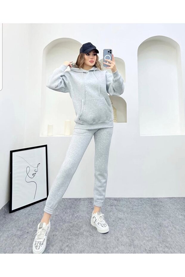Gray Melange Hooded Kangaroo Pockets Oversized Elastic Legs Fleece Inside Women's Tracksuit Set