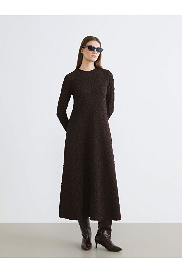 Lcw Modest Brown Crew Neck Textured Dress