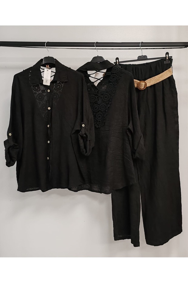 Women's Black Italian Lace Back Linen Suit with Pants and Shirt