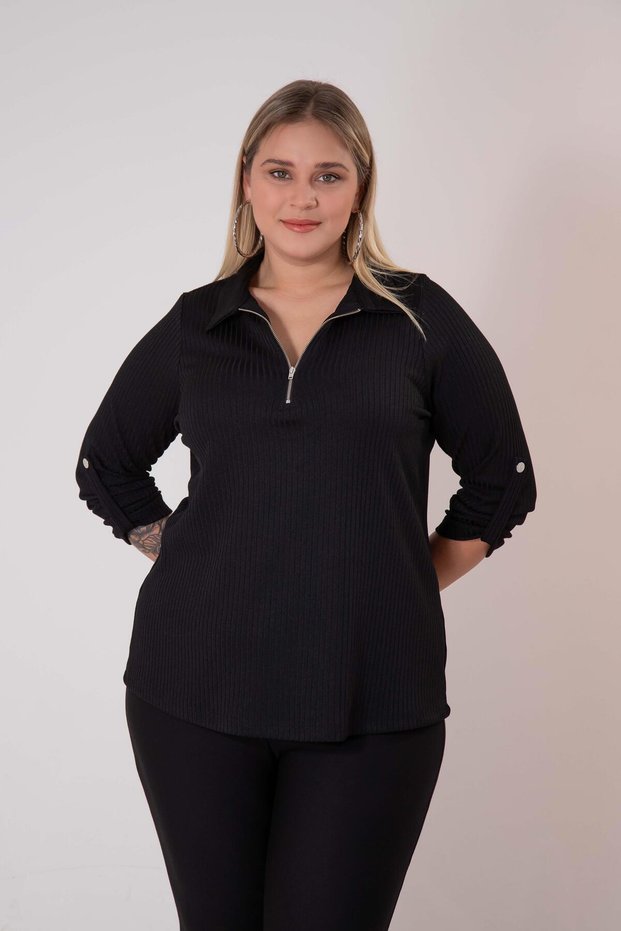 3330741 Plus Size Collar Zippered Knitwear Women's Blouse Black