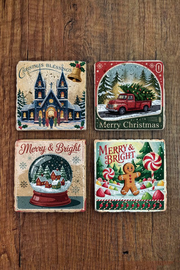Natural Stone Coasters - Vintage Christmast Printed 10X10Cm New Year Stone Coasters 510