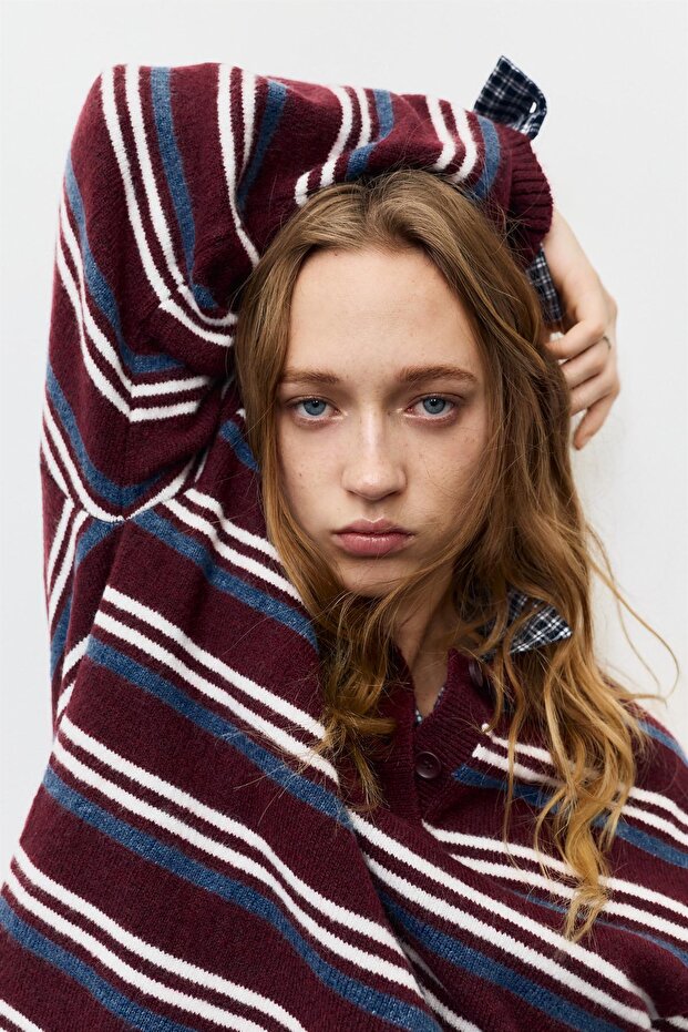 Polo yaka çizgili süveter - 5