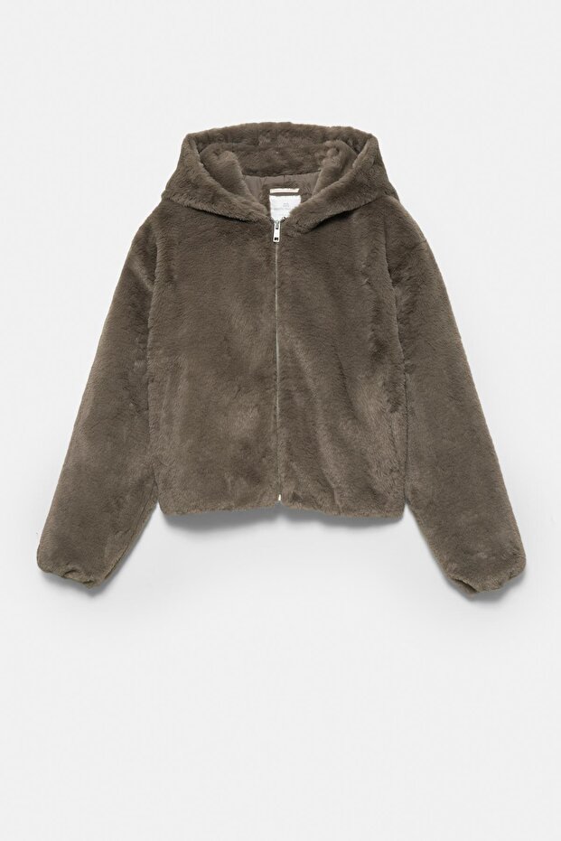 Kapüşonlu suni kürk ceket - 4