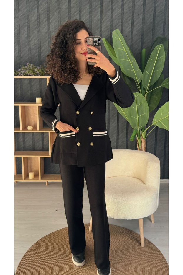 Double Pocket Gold Button Detailed Knitwear Double-Breasted Blazer Set