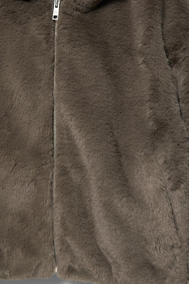 Kapüşonlu suni kürk ceket - 5